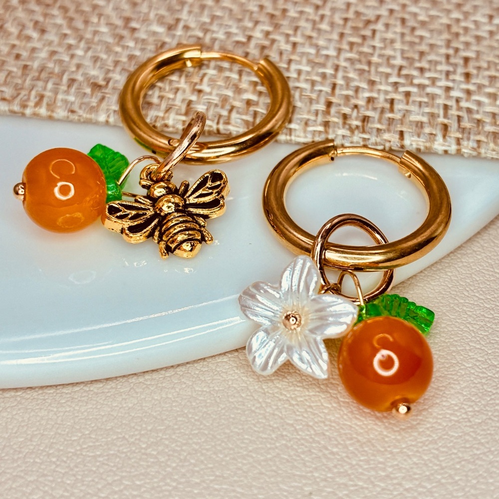 Gold Dangle Drop Hoop Earrings with Bee, Flower & Orange Charms